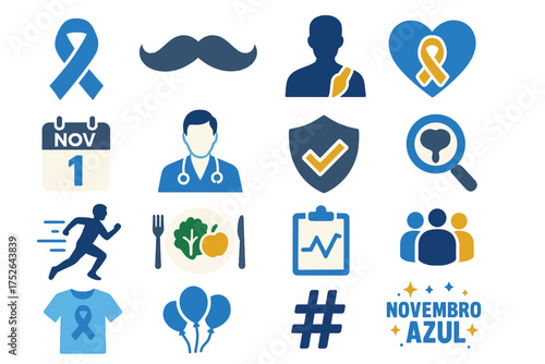 Novembro Azul Blue Ribbon Awareness Health Icons Set