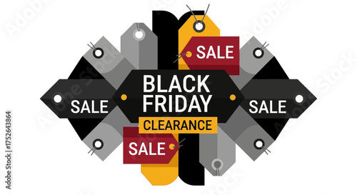 This eye-catching graphic design presents multiple modern price tags, highlighting an incredible Black Friday clearance and special sale event.