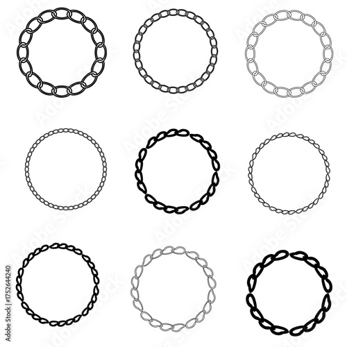 Set of round vector frames from chains. For Ideal  label designs. Vector illustration. Set of different chains on a white background.

