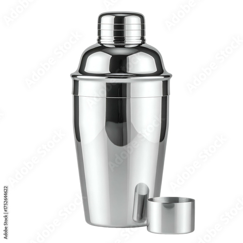 Polished metal cocktail shaker and jigger stand on a black background.