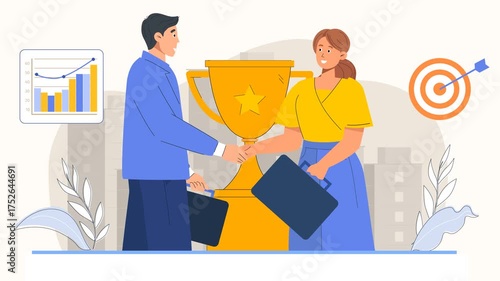 Two Professionals Shake Hands Beside Trophy After Successful Collaboration And Goal Achievement