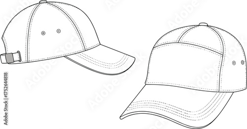 Baseball cap technical flat sketch, front and side view CAD drawing, vector fashion design, adjustable hat template, apparel illustration, sportswear design