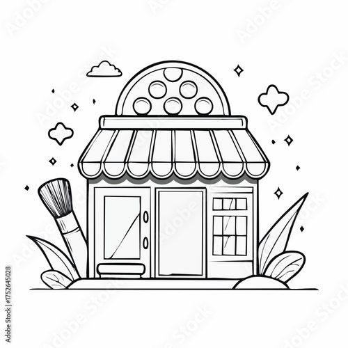 Cosmetic shop front illustration with brush and plants decorative elements