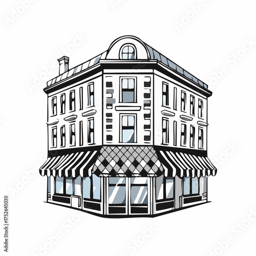 Corner building illustration commercial facade with windows and awning