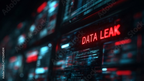 A digital representation of a data leak warning, featuring glowing red text against a dark, high-tech background.