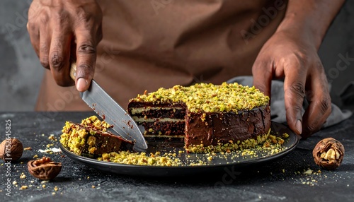 A person slicing a layered chocolate cake with pistachio topping