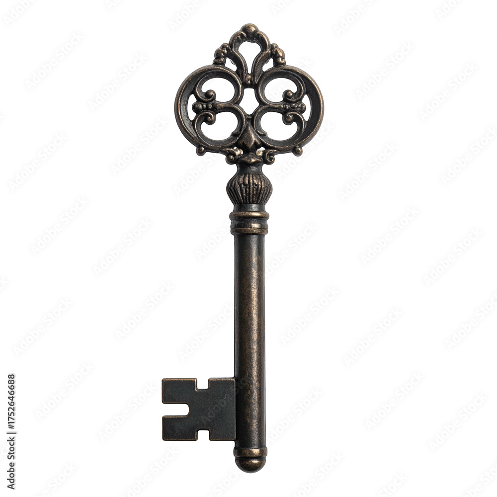Obraz premium Ornate antique key with intricate scrollwork stands against black.