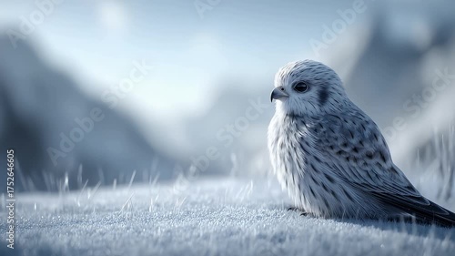 White Bird Standing in Snow with Distant Mountains