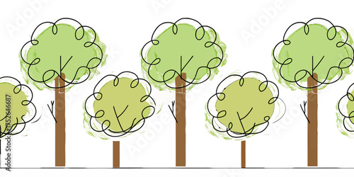 Vector illustration of a row of trees with green foliage and brown trunks on a white background landscape view