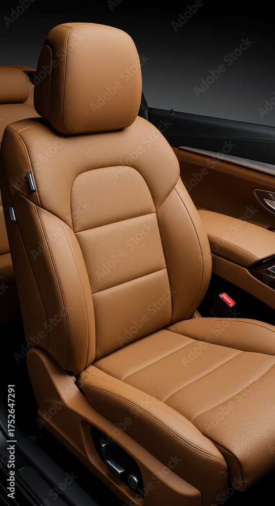 Obraz premium A luxurious brown leather car seat interior is shown in detail.