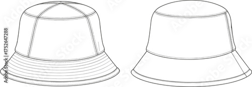 Bucket hat technical fashion flat sketch, front and back view vector template, casual summer headwear design illustration, cad drawing flat vector illustration