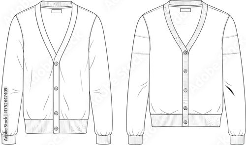 Cardigan sweater front view technical flat sketch, button up knitwear CAD drawing, fashion design vector template, garment illustration for apparel design
