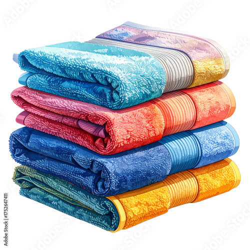 Stack of colorful folded towels on a black background.