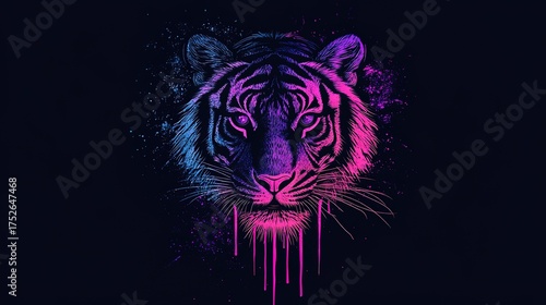 Blue-Pink Gradient Tiger Head Close-Up: Cool Animal Portrait for Trendy Designs, Creative Posters and Digital Media Projects