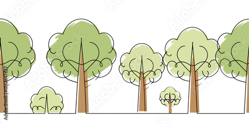 Vector illustration of a row of cartoon trees with green foliage and brown trunks on a white background view