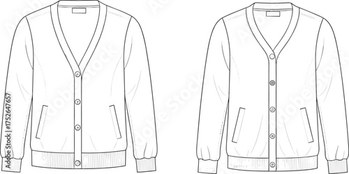 Cardigan sweater technical flat sketch front view, button up knitwear design, fashion CAD drawing vector template, garment illustration for apparel design
