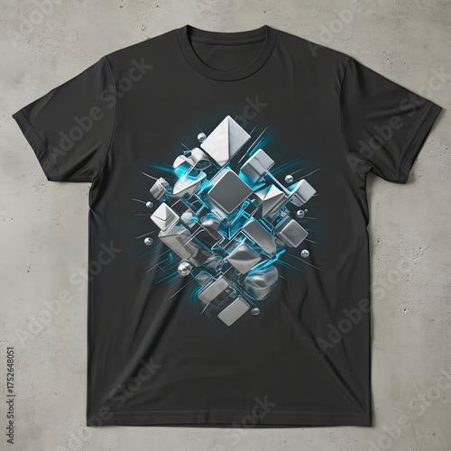 Abstract geometric cube cluster on black tshirt in silver and blue -