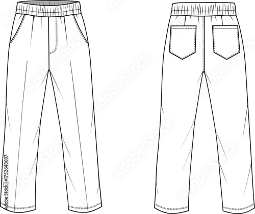 Casual elastic waist pants technical sketch, front and back view, detailed fashion flat, jogger trousers design, apparel vector illustration, sewing pattern