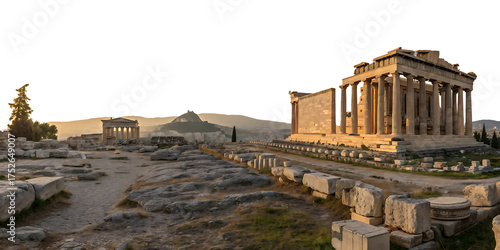Ancient Athenian Acropolis Landscape with Parthenon and Erechtheion Temples bathed in golden sunlight Greece travel destination
