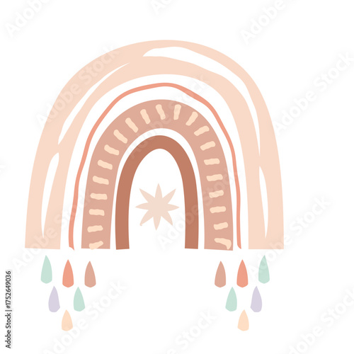 Boho Rainbow with Star and Pastel Raindrop Dangles Vector Illustration