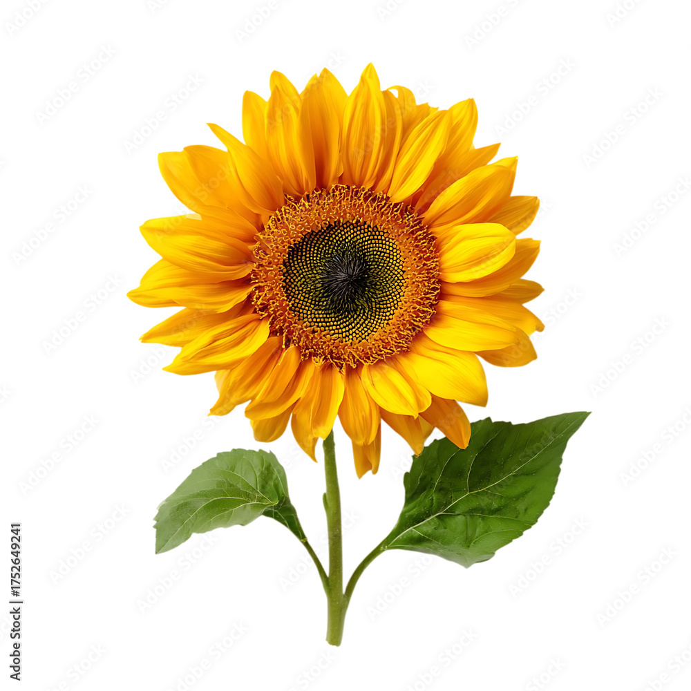 Naklejka premium Beautiful sunflower with green leaves isolated on transparent background, studio shot
