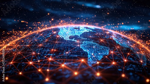 Global network connection with glowing lines and dots over planet Earth.