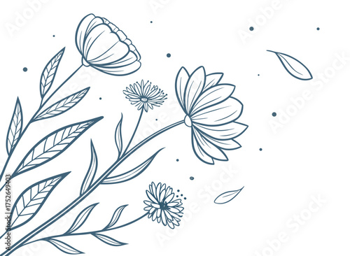 Delicate hand drawn floral illustration with falling petals