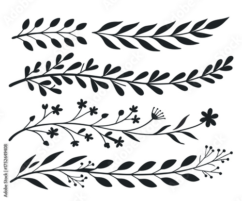 Decorative floral branches and leaves silhouettes for design