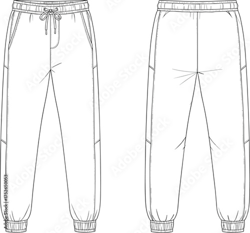 Fashionable jogger pants technical flat sketch, front and back view, detailed CAD drawing, vector illustration, modern activewear design template, apparel fashion