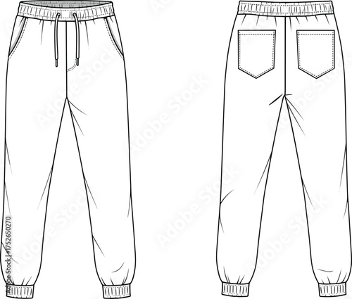 Front and back flat sketch of jogger pants with drawstring waistband and back pockets, fashion apparel template, cad drawing flat vector illustration.
