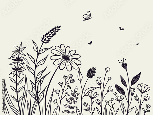 Delicate hand drawn wildflowers and butterflies in a field