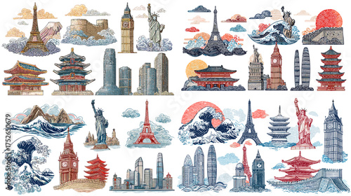 Colorful illustration of world landmarks including Eiffel Tower, Statue of Liberty, pagodas, and Big Ben. Artistic travel concept combining architecture and cultural heritage.
