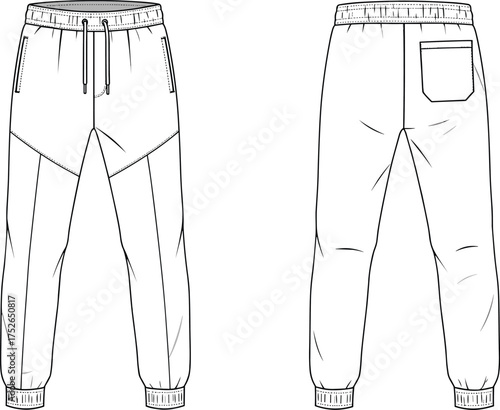 Front and back flat sketch of jogger pants with stylish seam design and back pocket, modern fashion template, cad drawing flat vector illustration.