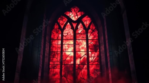 Dramatic red stained glass window in dark interior with atmospheric lighting