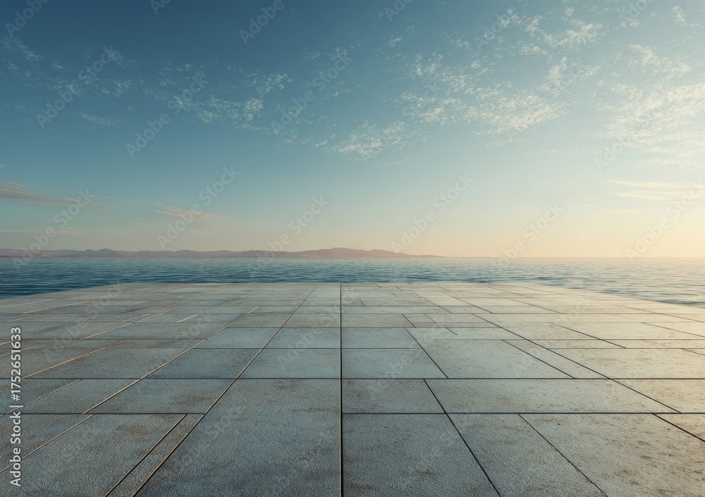 Fototapeta premium Empty paved platform overlooking a calm sea at sunset