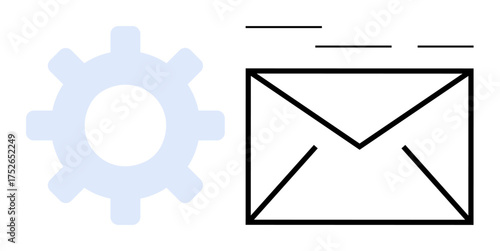 Envelope with motion lines beside a gear indicates email processing, automation, or system optimization. Ideal for communication, workflow, technology, business, integration, marketing simple flat
