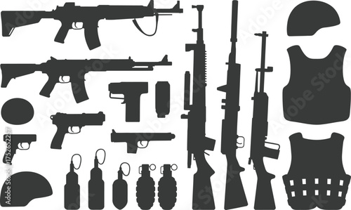 Silhouette collection of military weapons and protective gear for combat and defense