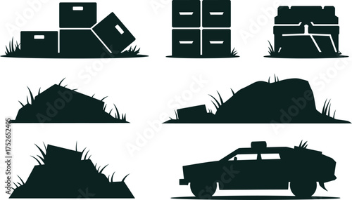 Silhouette collection of rubble debris piles and abandoned car in green hues