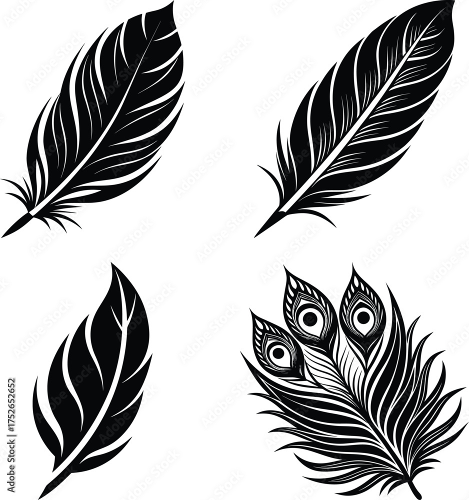 Obraz premium Set of a Elegant minimalist black fluffy contour feather style flat logo icon tattoo stock design vector silhouette illustration. Crisp outlines and a captivating contrast on a white background
