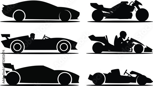 Set of six silhouettes of racing sports cars motorcycles and go karts