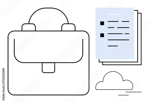 Minimalist business briefcase, checklist documents, and a cloud element representing work, organization, and digital storage. Ideal for productivity, remote work, digital tools, corporate success