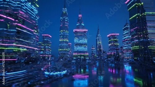 Futuristic Neon Cityscape at Night with Reflective Water Surface.