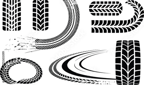 Collection of grunge tire tracks and imprints showing different patterns and directions