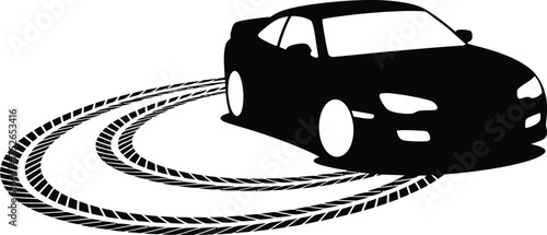 Dynamic black sports car performing a sharp drift creating tire marks on a white surface