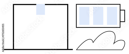 Geometric shapes of a building, a battery bar, and a cloud. Ideal for concepts thumbs up energy, environment, sustainability, innovation, technology, urban lifestyle renewable power simple flat