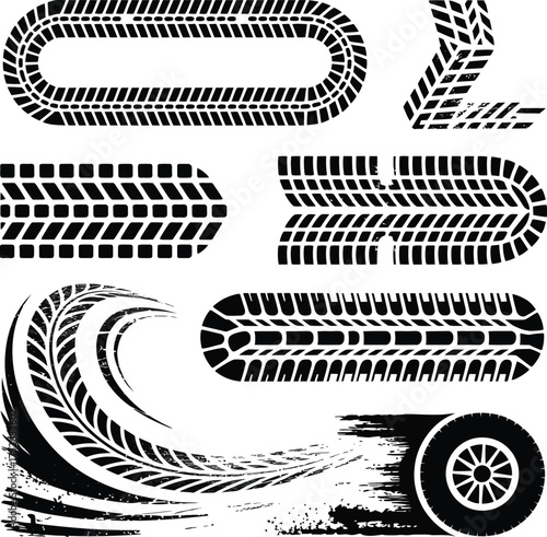Set of textured tire tracks and grunge wheel imprint for off-road and motorsport design elements