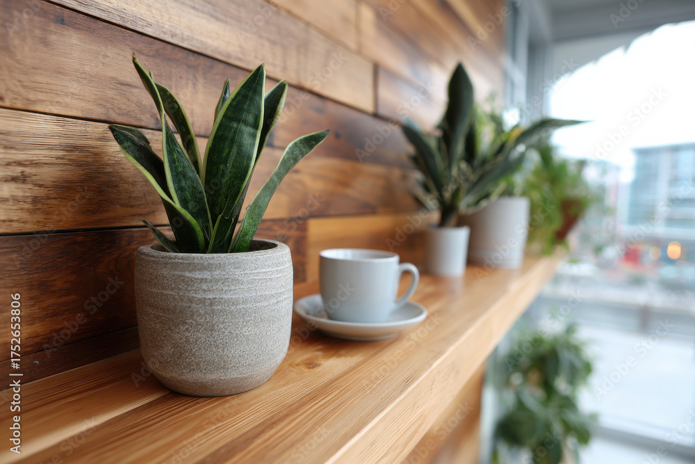 Obraz premium Home office with wooden wall panel and indoor plants