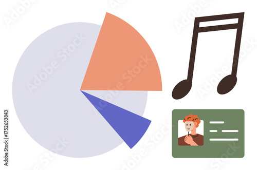 Pie chart with three segments, large music note, and ID card featuring a portrait. Ideal for creativity, data representation, identity concepts, education, analytics, teamwork personal branding