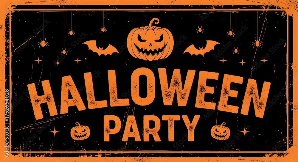 Fototapeta premium Halloween party invitation with spooky pumpkin and bats on a distressed black and orange background, perfect for seasonal events and decorations