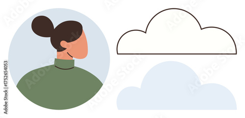 Woman with a bun wearing a green top in profile view, next to outlined and filled cloud shapes. Ideal for weather, simplicity, mindfulness, self-reflection, creativity, minimalism, and abstract